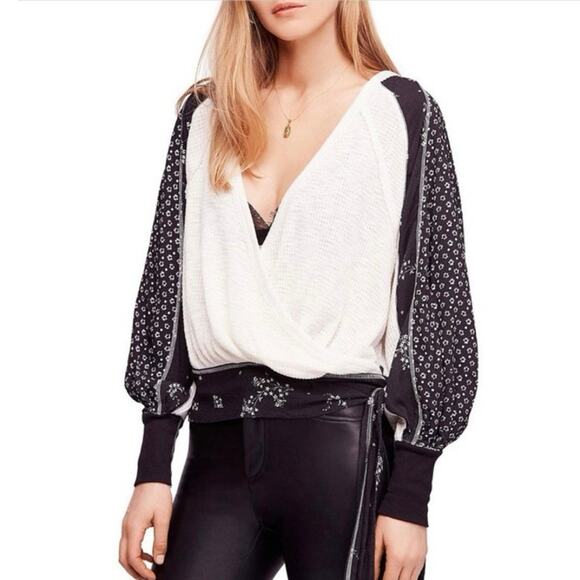 Free People Auxton Thermal Waffle Knit Wrap Top Medium Colorblock Floral Boho - Picture 1 of 10